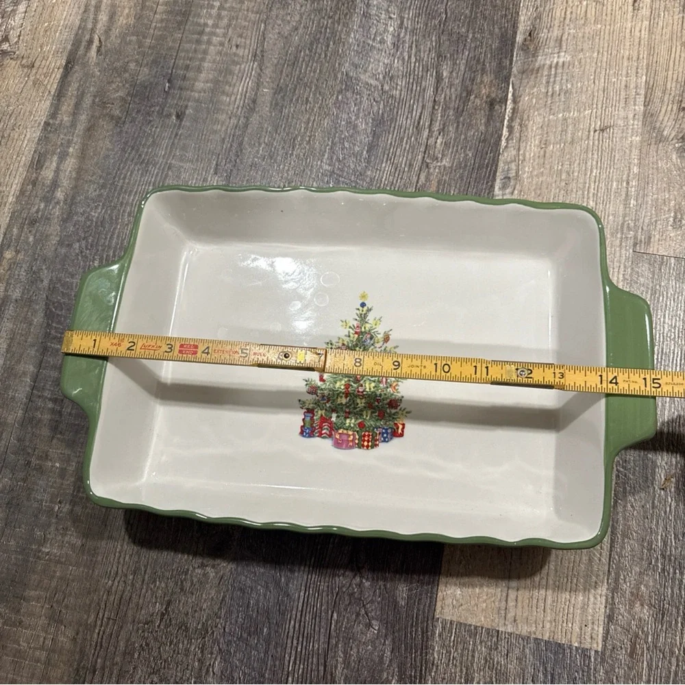 Christopher Radko White Baking Dish with Green Trim and Christmas Tree